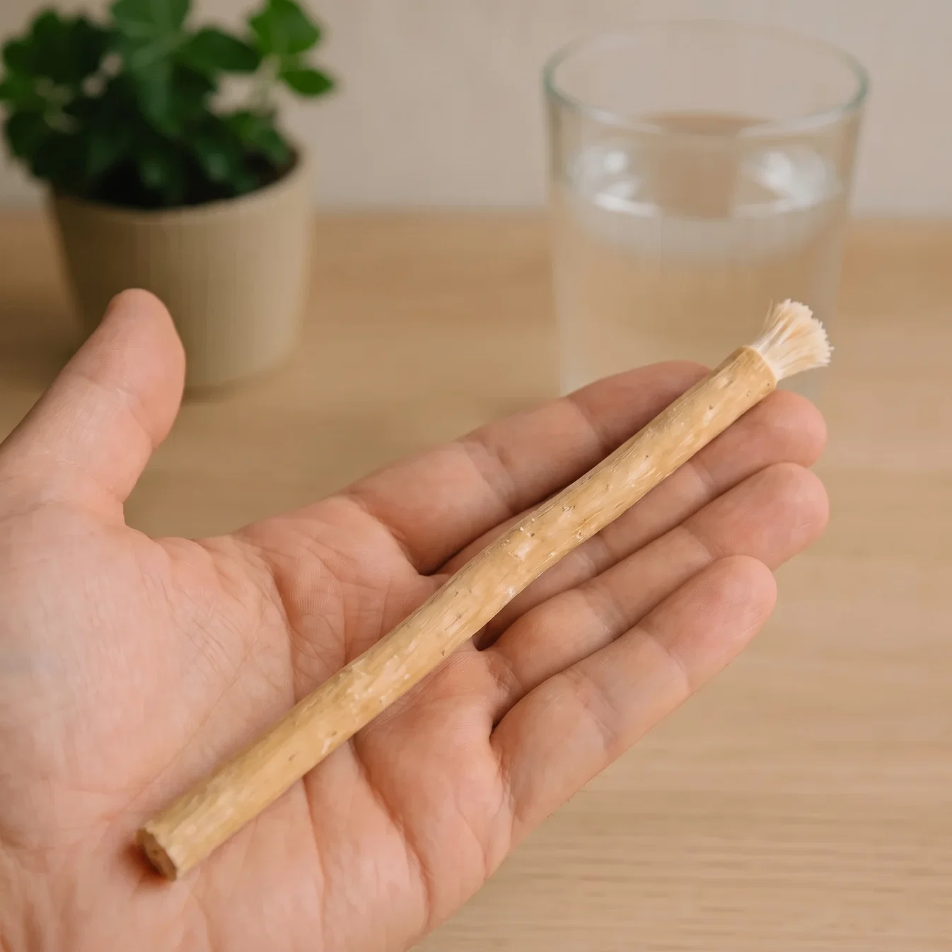 Hand holding a miswak stick with frayed natural bristles